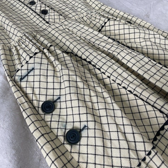 1940s Ivory/Black Cotton Checker Print Peter Pan Collar Day Dress Pockets RicRac - Picture 5 of 8